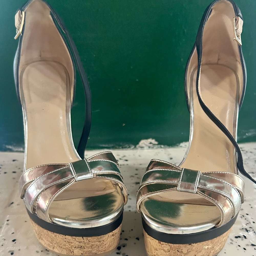 Jimmy Choo Metallic/Black Leather Cork Wedge Ankle Strap Sandals Size 37.5